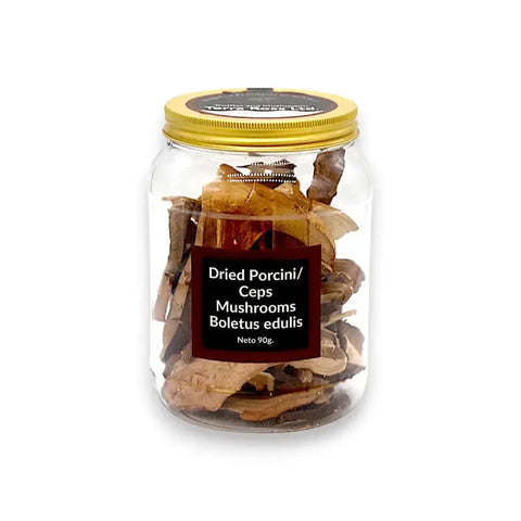 90g jar of dried porcini mushrooms Boletus Edulis with strong flavor for gourmet cooking