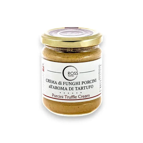 Porcini mushroom and white truffle cream jar with gold lid and white label