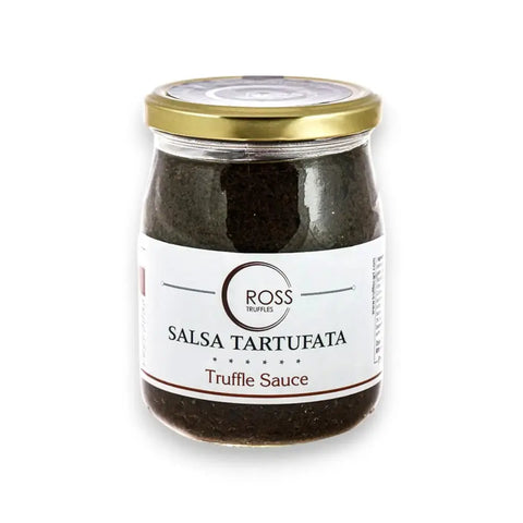 Truffle sauce jar with gold lid and label, Salsa Tartufata with black contents